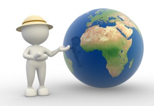 3d people - man, person present a earth globe. Travel concept. Source of Earth map - http://www.shadedre lief.com/natural3/p ages/extra.html